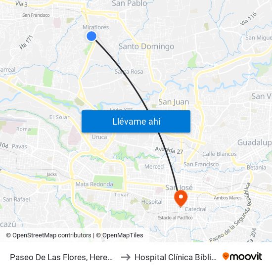 Paseo De Las Flores, Heredia to Hospital Clínica Bíblica map