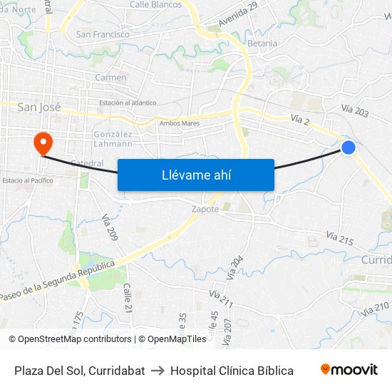 Plaza Del Sol, Curridabat to Hospital Clínica Bíblica map