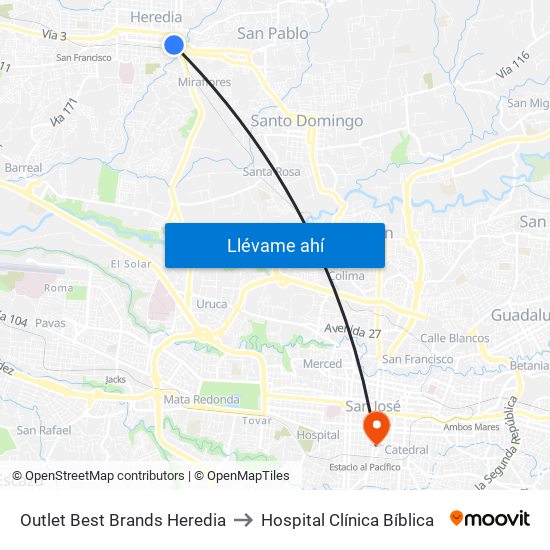 Outlet Best Brands Heredia to Hospital Clínica Bíblica map