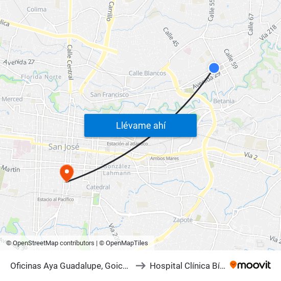 Oficinas Aya Guadalupe, Goicoechea to Hospital Clínica Bíblica map