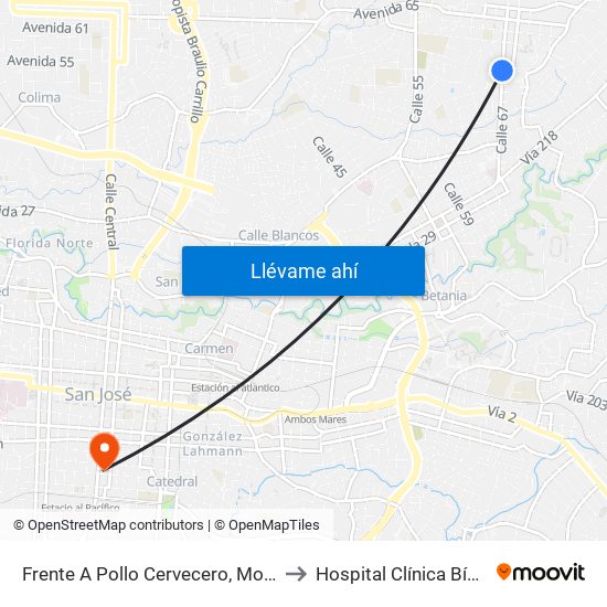 Frente A Pollo Cervecero, Moravia to Hospital Clínica Bíblica map