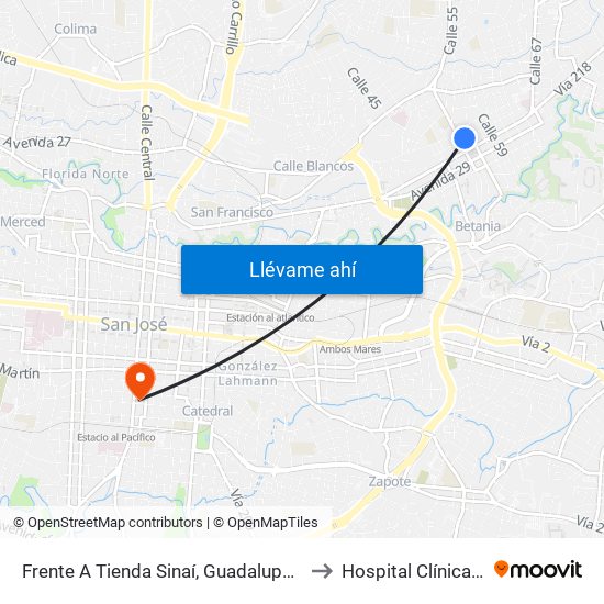 Frente A Tienda Sinaí, Guadalupe Goicoechea to Hospital Clínica Bíblica map