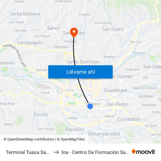 Terminal Tuasa San José to Ina - Centro De Formación San Rafael map