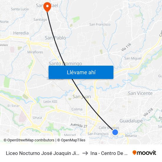 Liceo Nocturno José Joaquín Jiménez Nuñez, Guadalupe Goicoechea to Ina - Centro De Formación San Rafael map