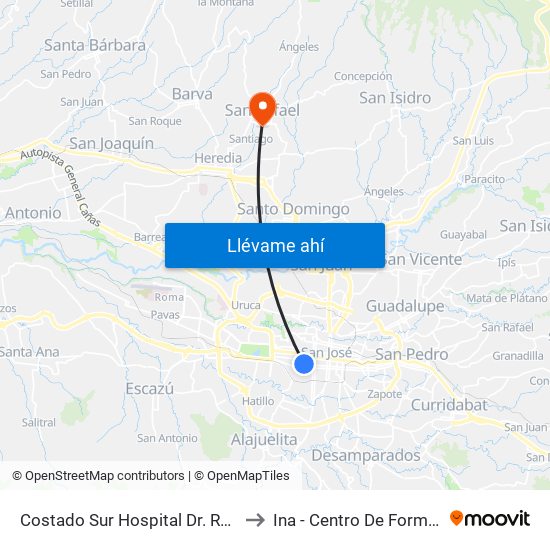 Costado Sur Hospital Dr. Raúl Blanco Cervantes to Ina - Centro De Formación San Rafael map
