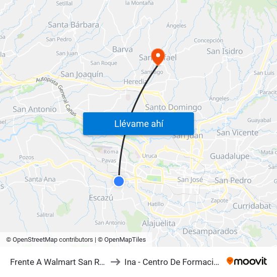 Frente A Walmart San Rafael, Escazú to Ina - Centro De Formación San Rafael map