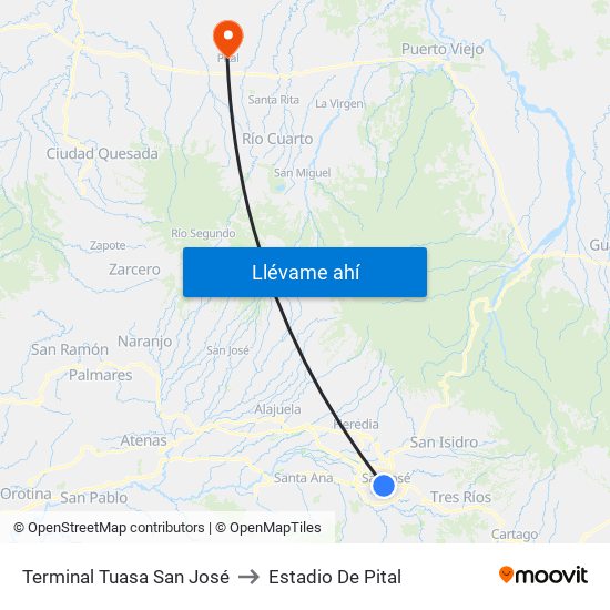Terminal Tuasa San José to Estadio De Pital map