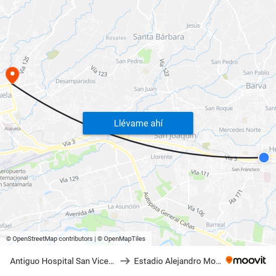 Antiguo Hospital San Vicente De Paul to Estadio Alejandro Morera Soto map