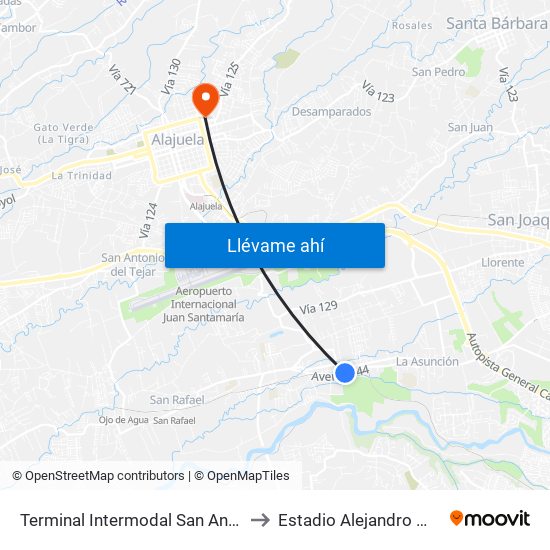 Terminal Intermodal San Antonio De Belén to Estadio Alejandro Morera Soto map