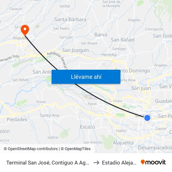 Terminal San José, Contiguo A Agencia Western Union Avenida Segunda to Estadio Alejandro Morera Soto map