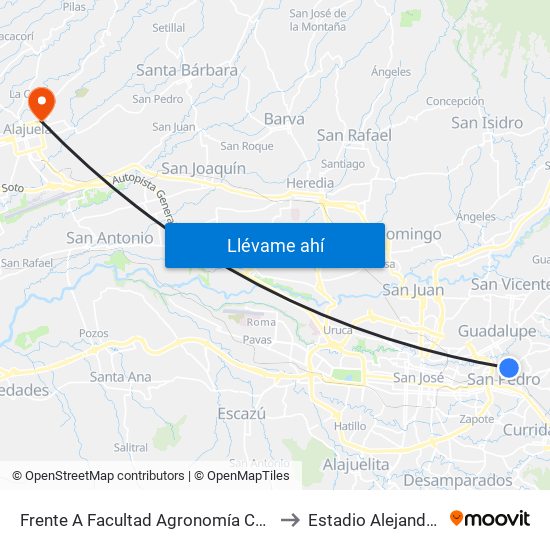 Frente A Facultad Agronomía Campus Ucr, Montes De Oca to Estadio Alejandro Morera Soto map