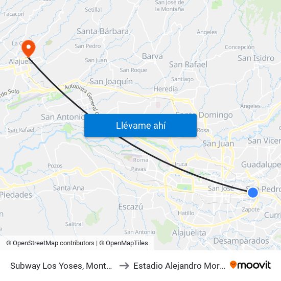 Subway Los Yoses, Montes De Oca to Estadio Alejandro Morera Soto map