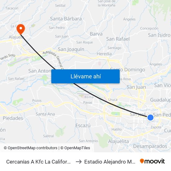Cercanías A Kfc La California, San José to Estadio Alejandro Morera Soto map