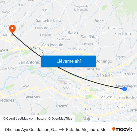 Oficinas Aya Guadalupe, Goicoechea to Estadio Alejandro Morera Soto map