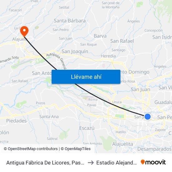 Antigua Fábrica De Licores, Paseo De Las Damas San José to Estadio Alejandro Morera Soto map