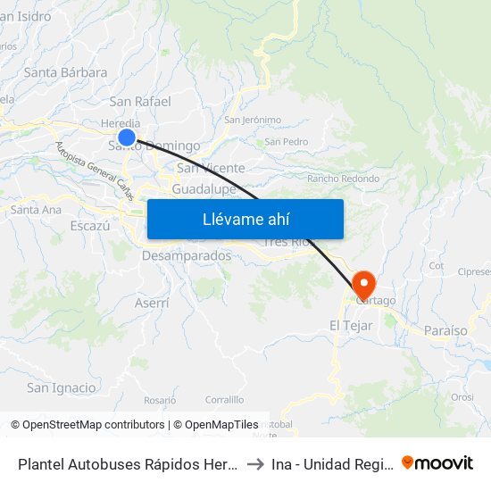 Plantel Autobuses Rápidos Heredianos, Pirro Heredia to Ina - Unidad Regional Cartago map