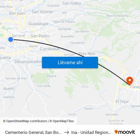 Cementerio General, San Bosco San José to Ina - Unidad Regional Cartago map