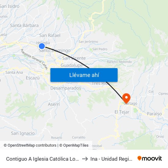 Contiguo A Iglesia Católica Los Ángeles, Heredia to Ina - Unidad Regional Cartago map