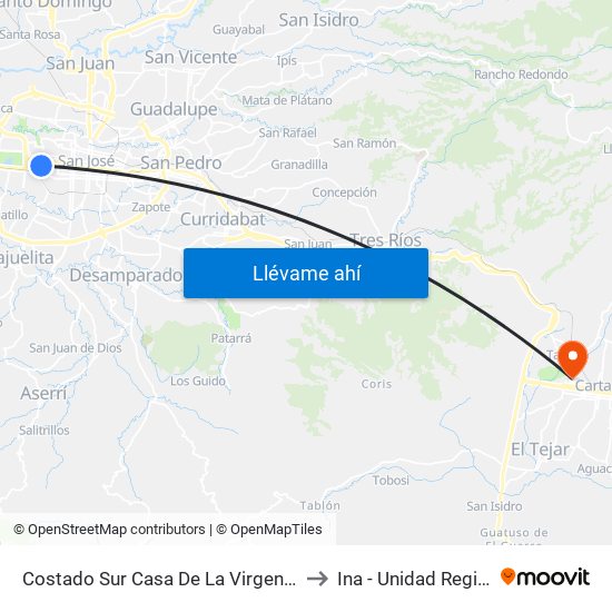 Costado Sur Casa De La Virgen, San Bosco San José to Ina - Unidad Regional Cartago map