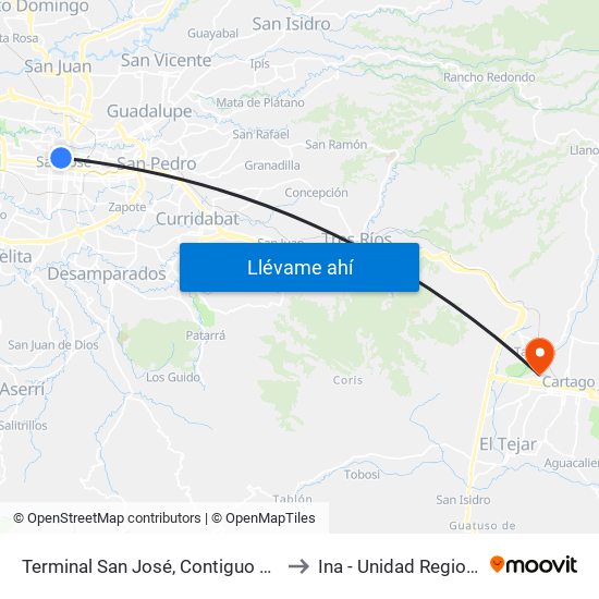 Terminal San José, Contiguo A Tienda Maracay to Ina - Unidad Regional Cartago map