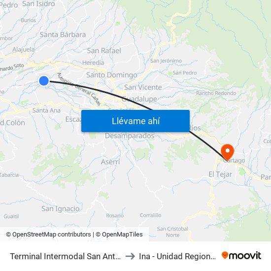 Terminal Intermodal San Antonio De Belén to Ina - Unidad Regional Cartago map