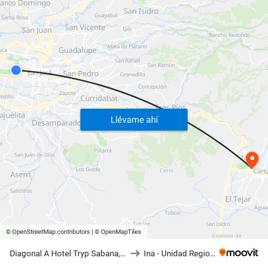 Diagonal A Hotel Tryp Sabana, Mántica San José to Ina - Unidad Regional Cartago map