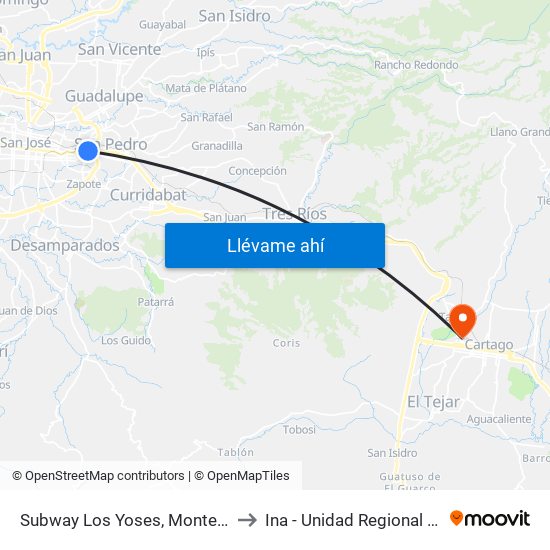 Subway Los Yoses, Montes De Oca to Ina - Unidad Regional Cartago map