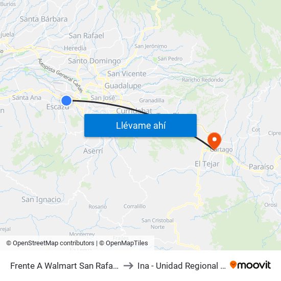 Frente A Walmart San Rafael, Escazú to Ina - Unidad Regional Cartago map