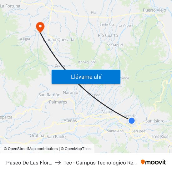 Paseo De Las Flores, Heredia to Tec - Campus Tecnológico Regional San Carlos map