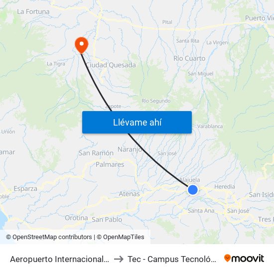 Aeropuerto Internacional Juan Santamaría, Alajuela to Tec - Campus Tecnológico Regional San Carlos map