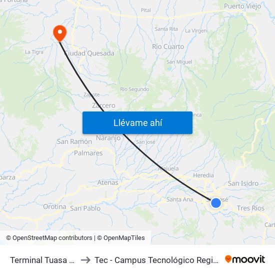 Terminal Tuasa San José to Tec - Campus Tecnológico Regional San Carlos map