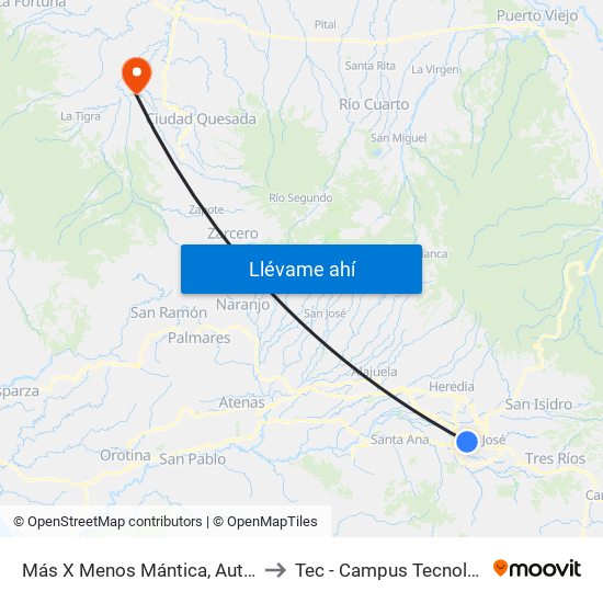 Más X Menos Mántica, Autopista General Cañas San José to Tec - Campus Tecnológico Regional San Carlos map