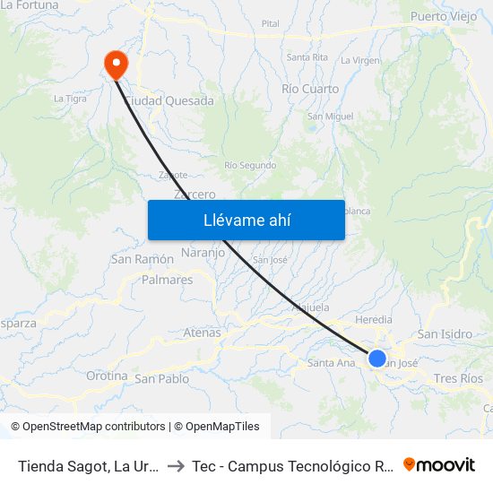 Tienda Sagot, La Uruca San José to Tec - Campus Tecnológico Regional San Carlos map