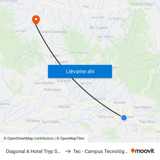 Diagonal A Hotel Tryp Sabana, Mántica San José to Tec - Campus Tecnológico Regional San Carlos map