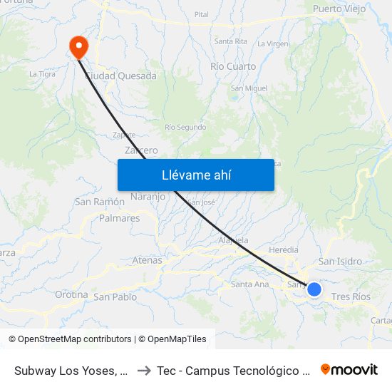 Subway Los Yoses, Montes De Oca to Tec - Campus Tecnológico Regional San Carlos map