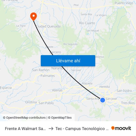 Frente A Walmart San Rafael, Escazú to Tec - Campus Tecnológico Regional San Carlos map