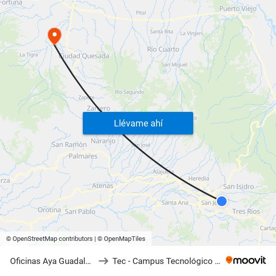 Oficinas Aya Guadalupe, Goicoechea to Tec - Campus Tecnológico Regional San Carlos map