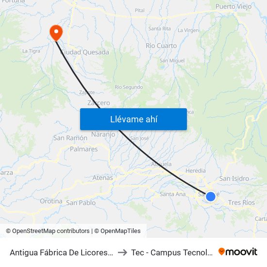 Antigua Fábrica De Licores, Paseo De Las Damas San José to Tec - Campus Tecnológico Regional San Carlos map