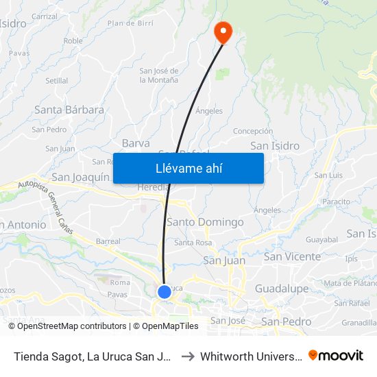 Tienda Sagot, La Uruca San José to Whitworth University map