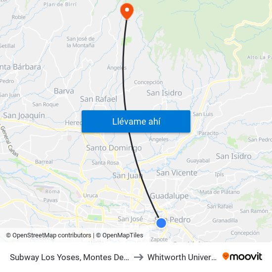 Subway Los Yoses, Montes De Oca to Whitworth University map