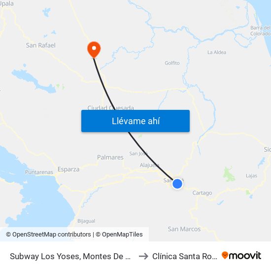 Subway Los Yoses, Montes De Oca to Clínica Santa Rosa map