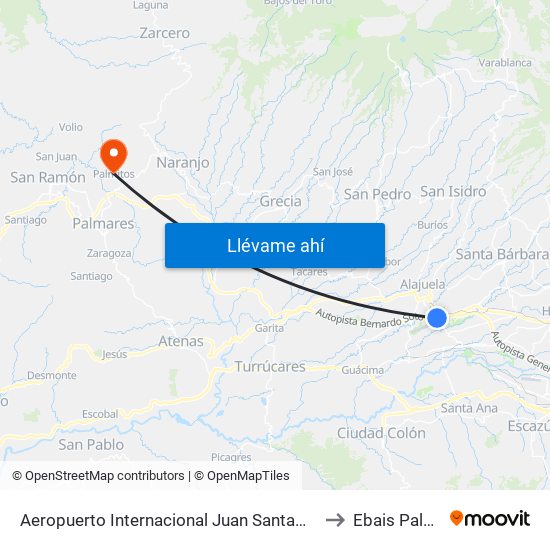Aeropuerto Internacional Juan Santamaría, Alajuela to Ebais Palmitos map