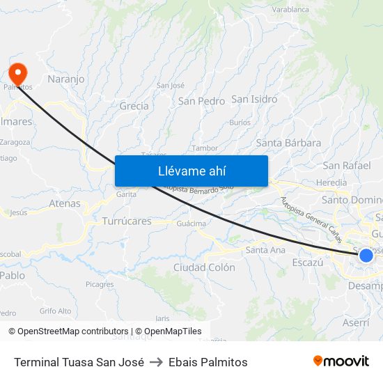 Terminal Tuasa San José to Ebais Palmitos map