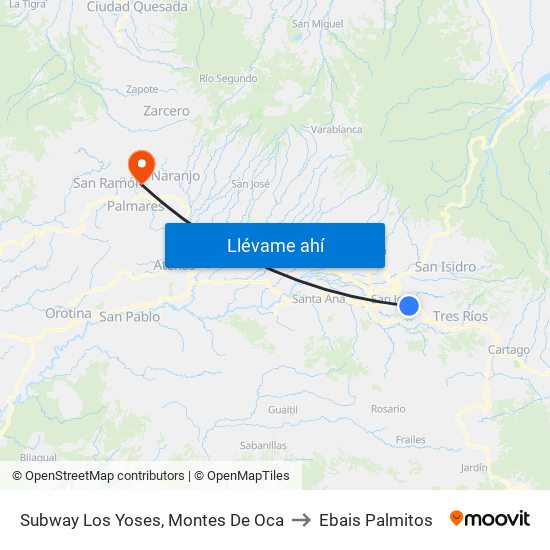 Subway Los Yoses, Montes De Oca to Ebais Palmitos map
