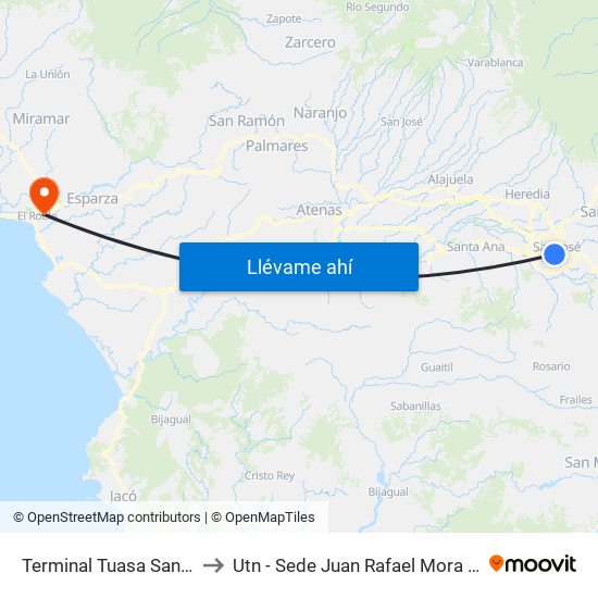 Terminal Tuasa San José to Utn - Sede Juan Rafael Mora Porras map