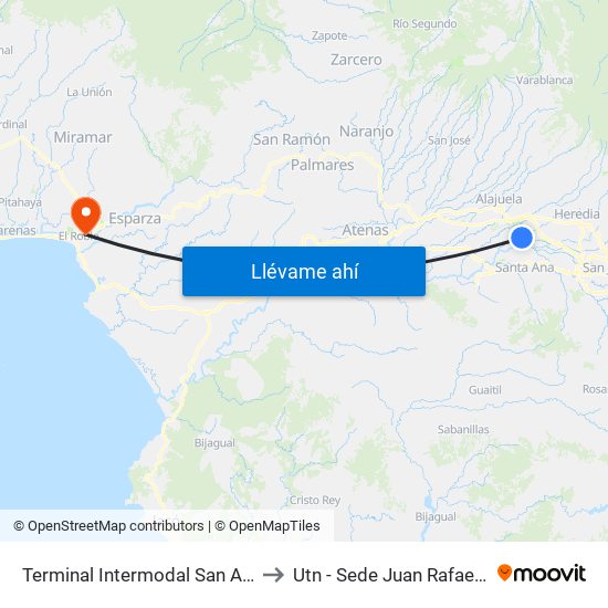 Terminal Intermodal San Antonio De Belén to Utn - Sede Juan Rafael Mora Porras map