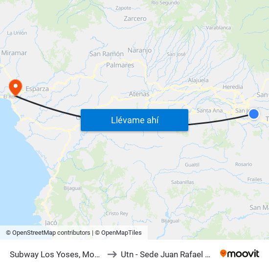 Subway Los Yoses, Montes De Oca to Utn - Sede Juan Rafael Mora Porras map