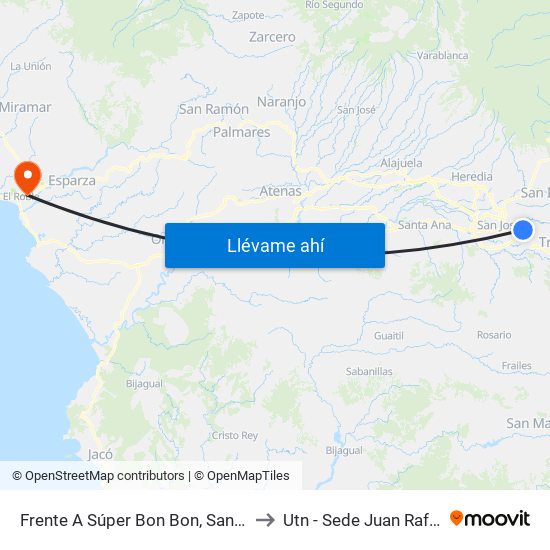 Frente A Súper Bon Bon, San Pedro Montes De Oca to Utn - Sede Juan Rafael Mora Porras map