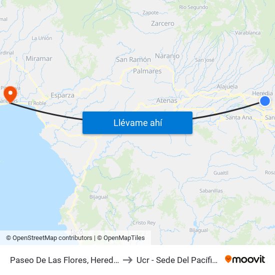 Paseo De Las Flores, Heredia to Ucr - Sede Del Pacífico map