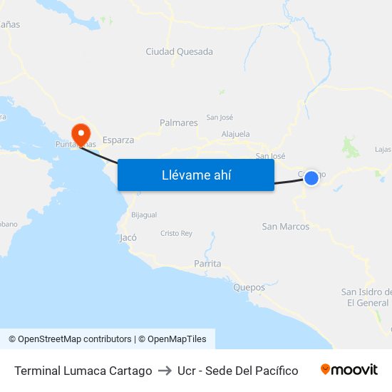 Terminal Lumaca Cartago to Ucr - Sede Del Pacífico map